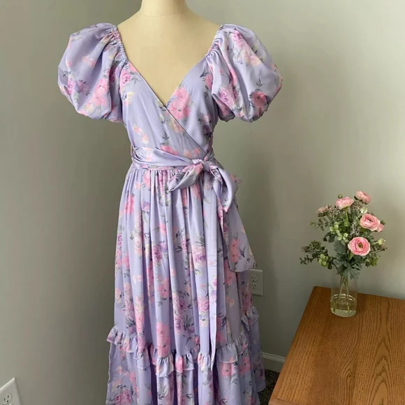 Lilac Floral Puff Sleeve High Waist Surplice Maxi Dress with Bow - Picture 12 of 16